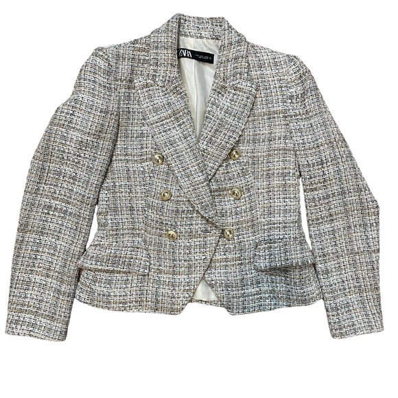 Zara Tweed Blazer Double Breasted Weave Cropped Jacket Small - Picture 6 of 12